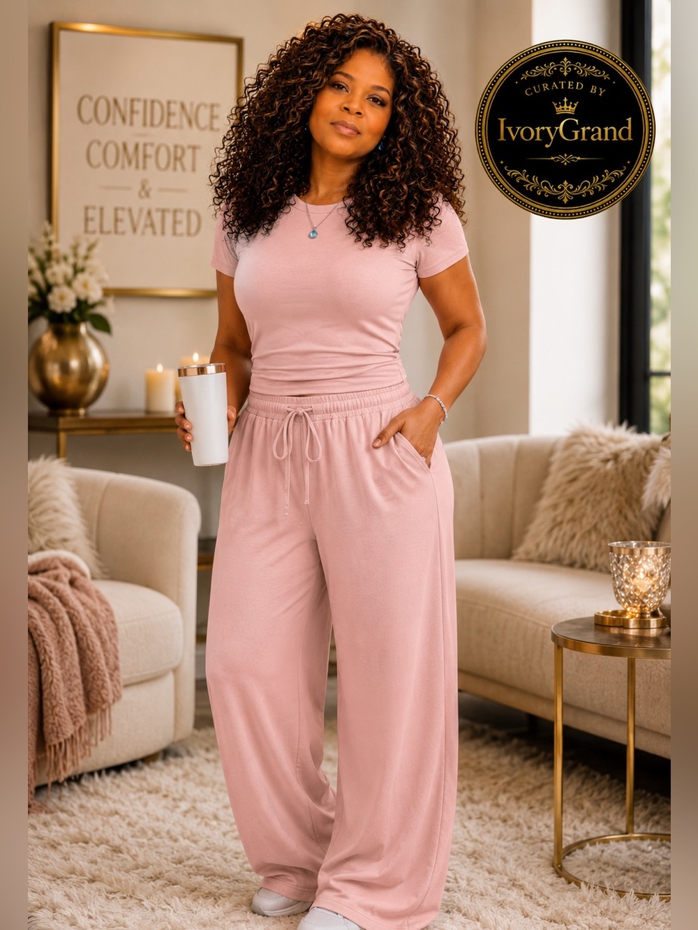 Women's Pink Wide-Leg Lounge Pants Set XXL